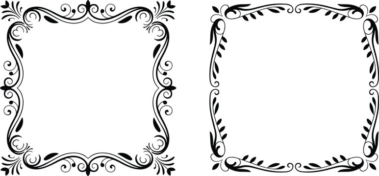 Elegant black vintage floral square frames set with decorative swirl borders isolated on white background