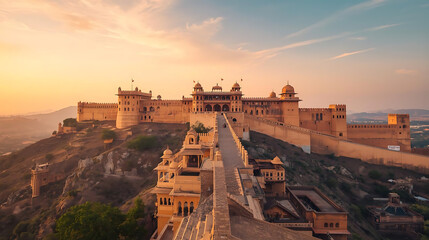 Obraz premium Amber Fort at twilight with subtle illumination, dramatic sky transitions, wide panoramic scene, extensive copy space above the fortress, refined color harmony of deep blue and warm amber