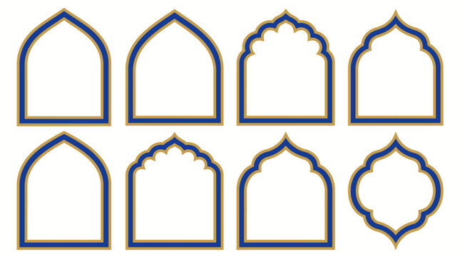 Elegant Set of Traditional Islamic Arch Frames with Blue and Gold Borders for Ramadan and Eid Celebration Designs