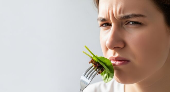 Young woman with a displeased expression looking at a fork with lettuce. Unhappy girl trying to eat healthy