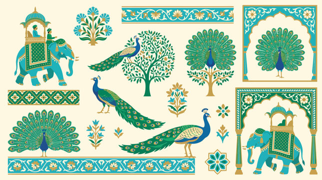 Traditional Indian Folk Art Elements Set Featuring Decorative Peacocks, Royal Elephants, and Floral Motifs in Rajasthani Style
