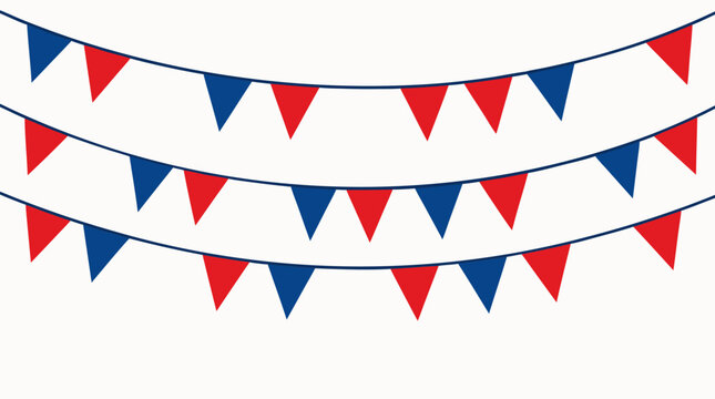 Patriotic Red White and Blue Bunting Flags Hanging for Celebration, Fourth of July Independence Day Decoration, United States Election Party or Memorial Day Festive Flat Vector Illustration.