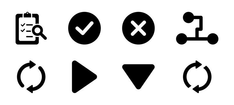 UI icon set featuring checklist, search, check mark, close, sitemap, refresh, play and dropdown controls. Interface symbols for navigation, validation, actions and user interaction.