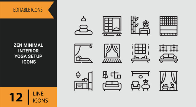 Zen Minimal Interior Yoga Setup Outline Icon Collection for Calm Spaces and Mindfulness