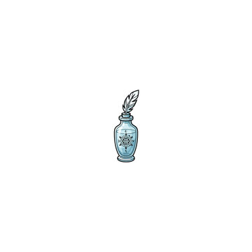 Mystical Glass Potion Vial Featuring A Feather Quill Stopper, Compass Star, Roman Numerals And Shimmering Blue Elixir Inside Vector Illustration