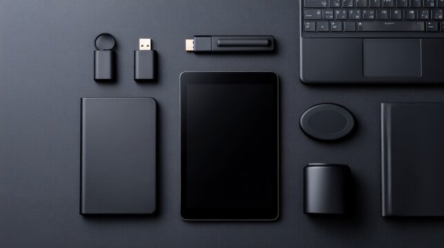 Minimalist flat lay of modern black technology gadgets and essential office tools on a dark textured surface.