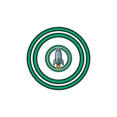 Retro Space Exploration Emblem With Concentric Emerald Green Orbital Rings Encircling A Vintage Silver Rocket Ship Launching Amid Bright Orange Flame For Sci‑Fi Branding Vector Illustration © dewan