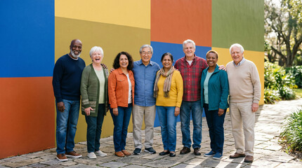 Obraz premium Diverse group of happy smiling seniors standing together near a vibrant colorful wall, minimalist joyful elderly community and aging well concept 