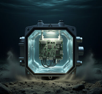 Subsea waterproof electronic enclosure housing a glowing circuit board on the dark deep ocean seabed.