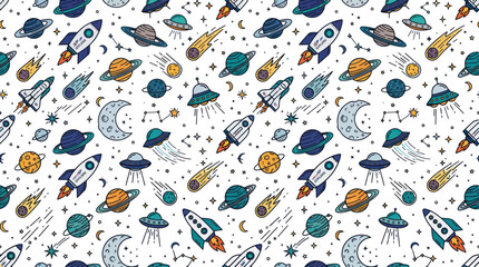 Seamless space pattern with planets rockets and flying saucers © turi
