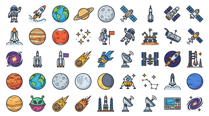 Space exploration icons featuring planets astronauts and rockets © turi