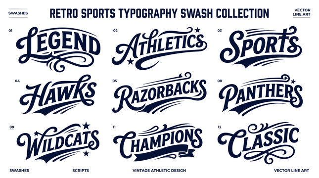 Retro collegiate sports typography with script lettering and swashes