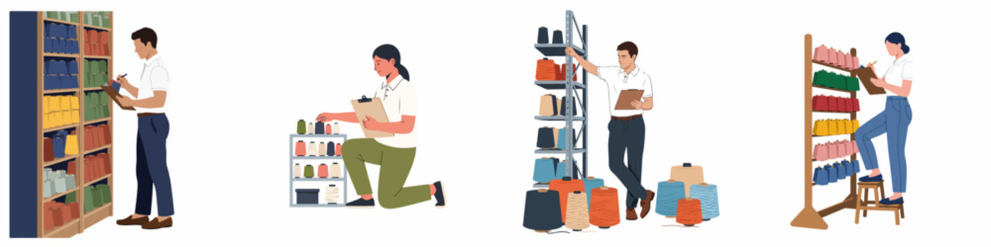 Set of diverse textile industry workers managing and counting thread spool inventory in a warehouse using clipboards, flat vector illustration.