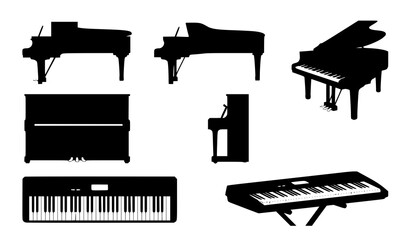 Black Silhouette Piano Collection Set Grand Upright and Electric Keyboard Multiple Views Vector Illustration © Md