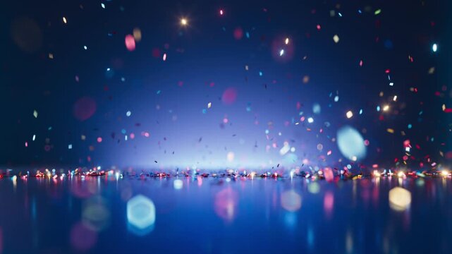Colorful confetti landing on a blue reflective floor. A bright glow in the background creates a festive mood. 3D render motion.