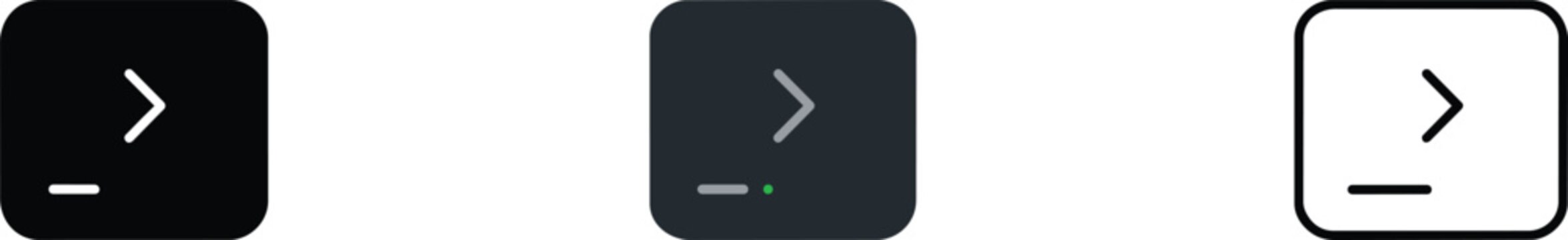 Command line interface icons representing code, terminal, and console operations in modern flat design styles in outline style