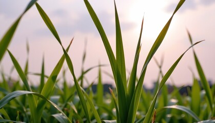 Obraz premium Dewkissed Grass Blades Morning Sunlight