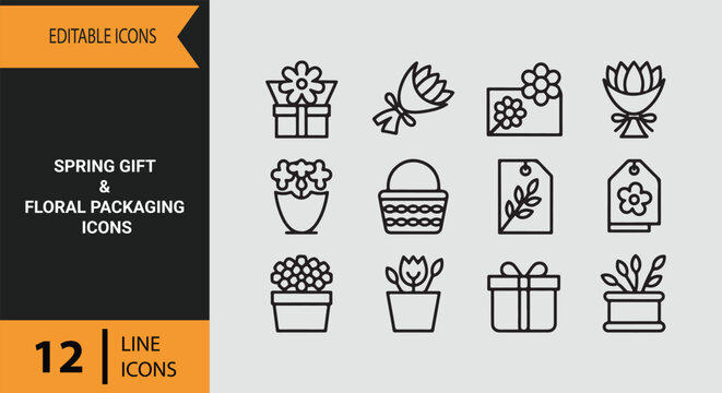 Spring Gift Floral Packaging Outline Icon Collection for Creative Wrapping and Seasonal Presents