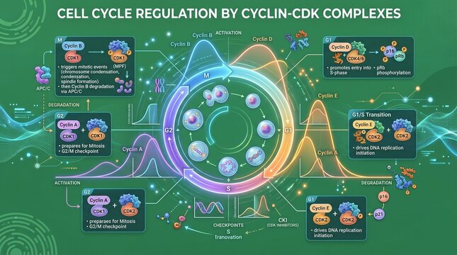 Cell Cycle Regulation by Cyclin-CDK Complexes Illustration on Digital Background