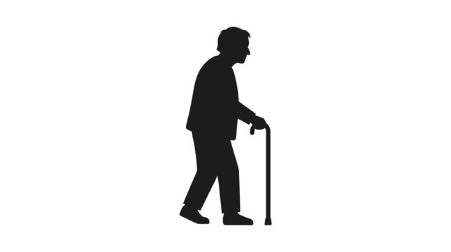 Elderly man with cane silhouette on a white background