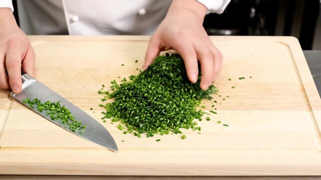 Close up of professional chef hands finely chopping fresh green chives with sharp steel knife on wooden kitchen cutting board.