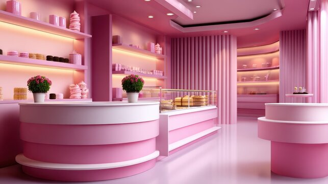 Charming pink dessert boutique interior design with sleek counters, illuminated shelves showcasing delightful treats