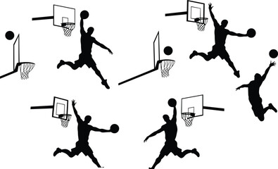 Collection of black basketball player silhouettes performing slam dunks and jumps isolated on a clean white background © Tanzila