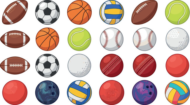 ootball basketball volleyball tennis baseball golf cricket and bowling equipment graphics for school athletic tournament league branding.