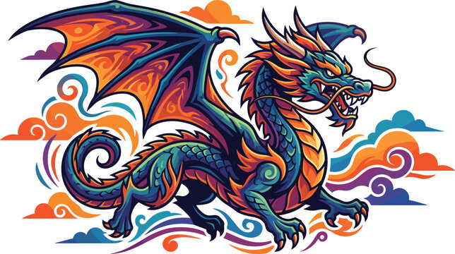 Mythical Chinese Dragon Vector Mascot with Detailed Colorful Scales and Wings for Esports Logos, T-Shirts, Posters, and Gaming Graphic Designs