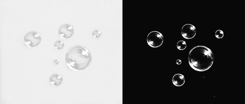 Abstract transparent soap bubbles on white and black background, realistic flying water drops glossy spheres overlay