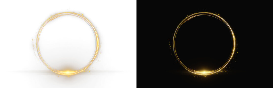 Abstract golden  ring on white and black background, realistic glowing circle geometric frame with bottom light flare overlay