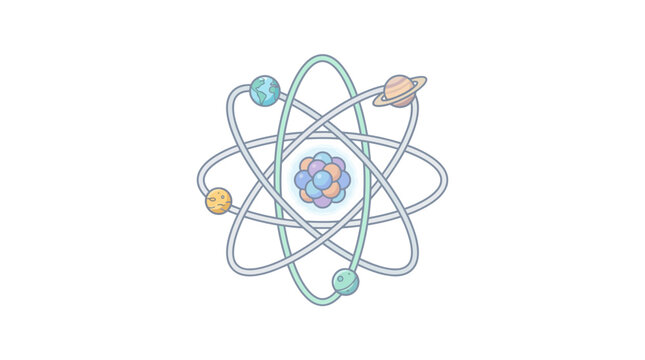 Cartoon Atom Model with Planets Orbiting Nucleus