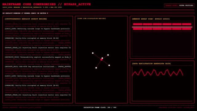 Red mainframe compromised cyber attack hacking hud interface screen.
