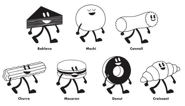 Very beautiful black-and-white cartoon character set featuring baklava, mochi, cannoli, churro, macaron, donut, and croissant with charming smiles, detailed linework, playful pastry expressions, and 