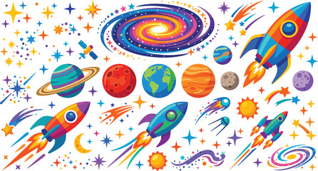 Outer Space Vector Illustration Set with Flying Rocket Ships Planets Spiral Galaxy and Sparkling Stars for Sci-Fi Kids Astronomy and Education Graphic Designs © Ckd