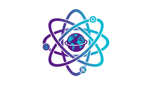 Abstract Atom Globe Icon with Orbiting Satellites, Digital Science and Technology Concept