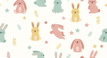 Obraz premium Cute Easter Bunny Pattern Seamless Background - Kawaii Rabbits & Stars