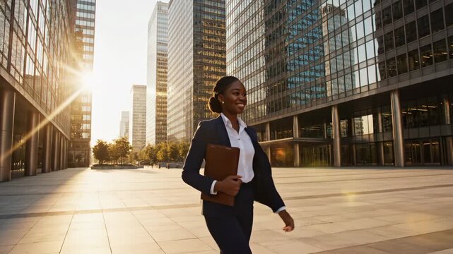 confident african american businesswoman walking in modern city street at sunrise. female executive wearing suit carrying leather folder. corporate career, success, urban lifestyle, commuting.