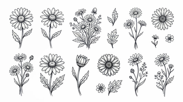 Hand Drawn Daisy Illustrations - Black and White Floral Elements