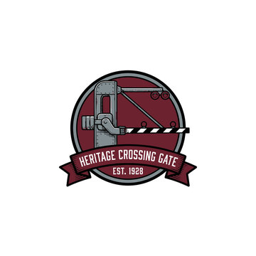 Vintage Heritage Crossing Gate Badge Featuring A Striped Barrier Arm, Mechanical Lever And Ribbon Banner With An Established 1928 Date, Ideal For Retro Signage And Vector Illustration