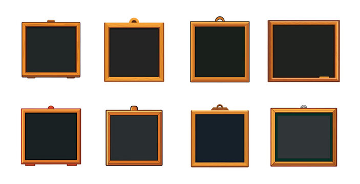 A collection of eight blank blackboards with wooden frames