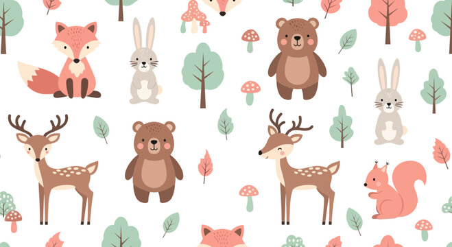 Cute Woodland Animals Seamless Pattern: Fox, Bear, Deer, Rabbit, Squirrel