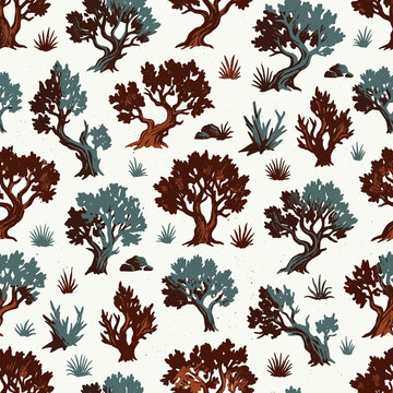 Seamless Pattern Of Stylized Juniper Tree Silhouettes In Earthy Brown And Muted Teal, Scattered With Desert Grass Tufts For Background Textures Vector Illustration