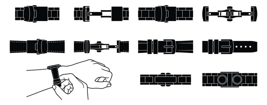 Watch strap buckle icons set including deployment clasp and traditional pin buckle designs.