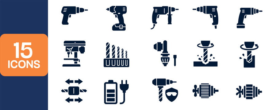 Collection of 15 drill and power tool icons for industrial and diy use