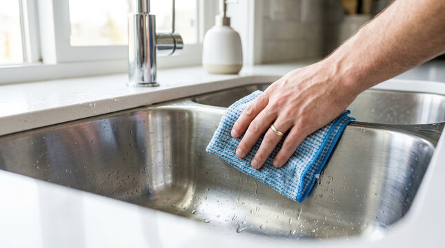 Hand wiping stainless steel kitchen sink with checkered cloth. Close up of home cleaning chore