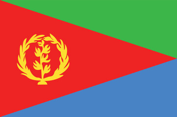 Fototapeta premium Eritrea flag with a red triangle at the hoist, divided by green and blue triangles and a yellow olive wreath symbol, representing independence and peace.