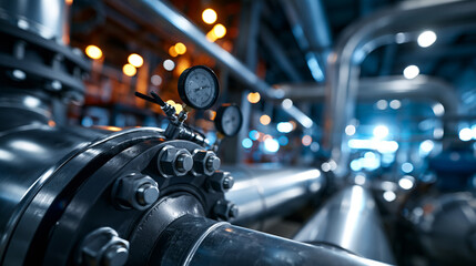 Fototapeta premium Large petrochemical plant with complex pipeline equipment in an industrial zone with realistic metal textures, bolts, gauges and worn industrial surfaces, showing maintenance workflow,