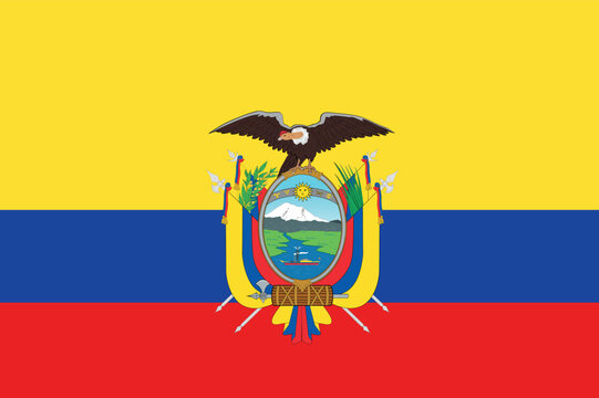 Ecuador flag with three horizontal stripes (yellow, blue, red) and the national coat of arms centered, symbolizing independence, the Andes, and national heritage.
