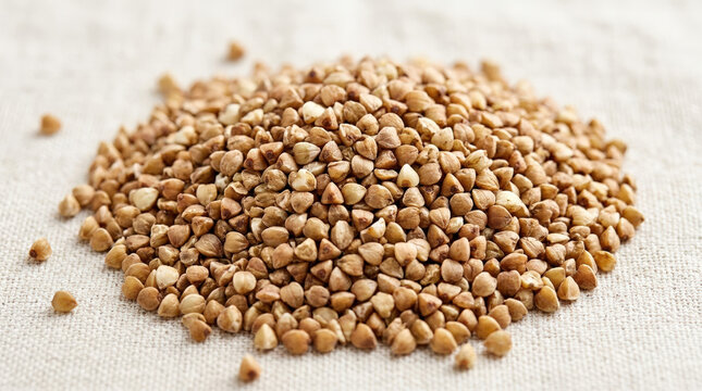 Pile of dry buckwheat grains on a textured linen fabric. Close-up of raw kasha groats spilled on a rustic tablecloth